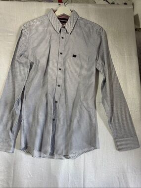 Men's Long-Sleeve Dress Shirt in White and Gray Check/0048